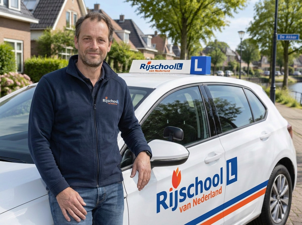 Rij-instructeur naast de lesauto