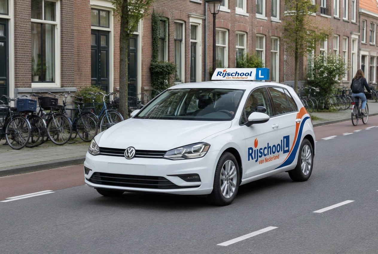 Lesauto van Rijschool van Nederland in een Nederlandse straat